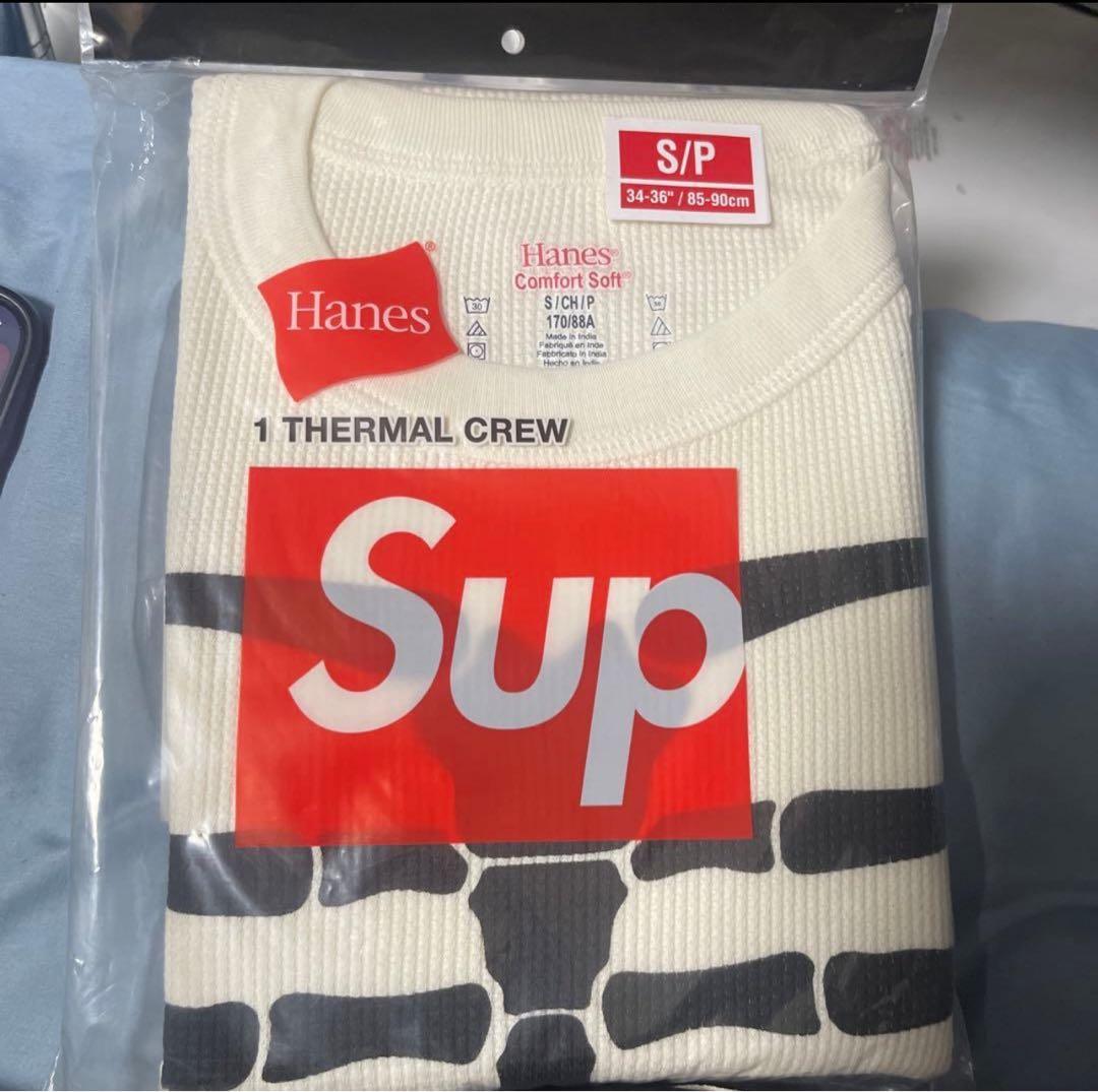 Hanes サーマルクルー スケルトンプリント S