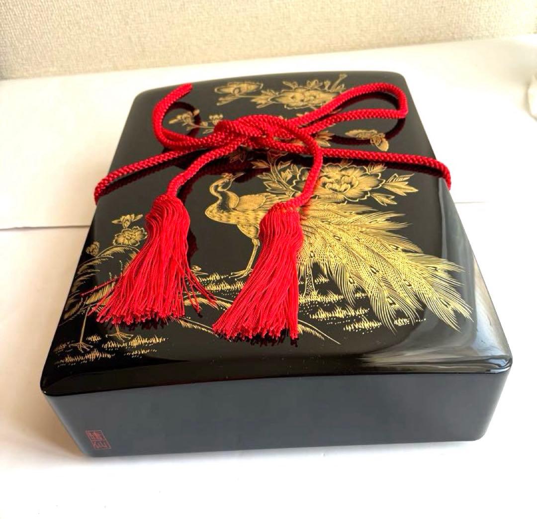 清仙作 黒塗り沈金文箱 牡丹孔雀柄 未使用に近い 箱・布付き和室 書道 茶道