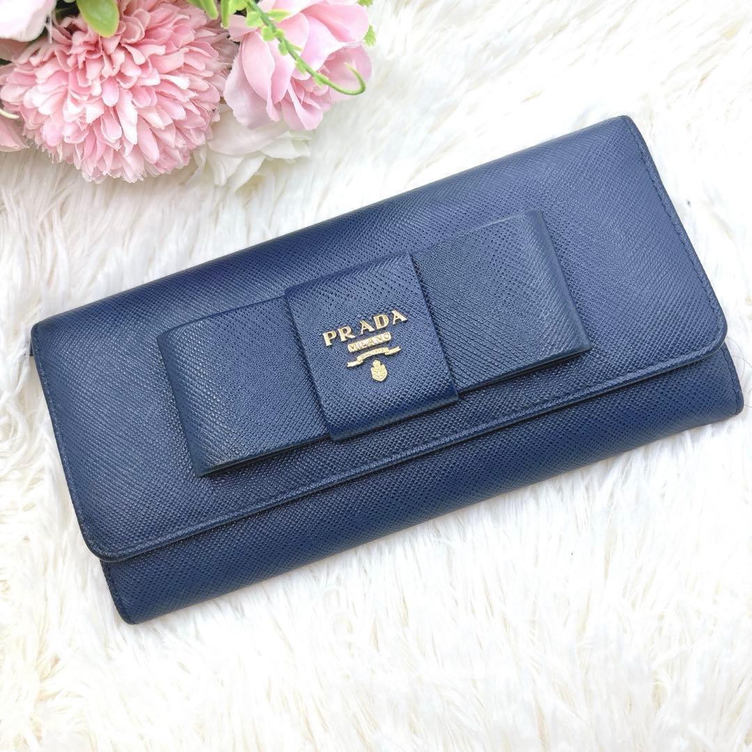 PRADA 長財布 サフィアーノ フィオッコ メタルロゴ リボン ネイビー