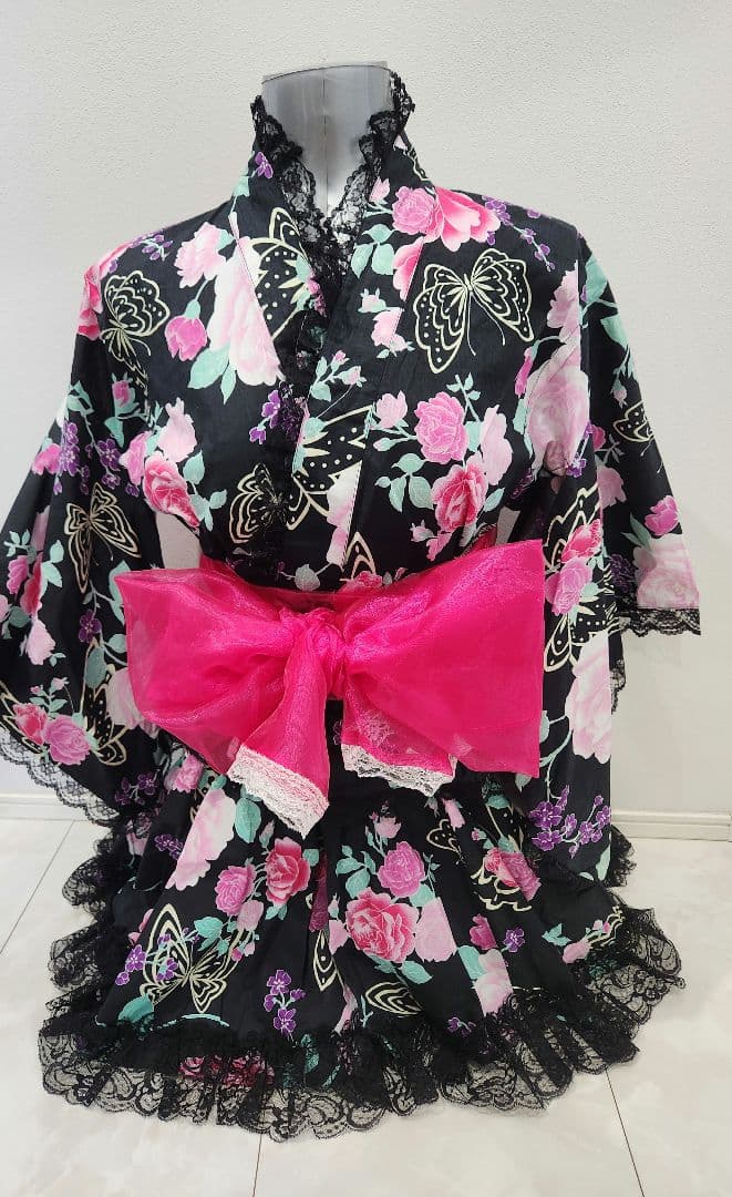 y2k 姫系 姫ギャル レース バラ 蝶 浴衣ドレス 兵児帯 2点セット