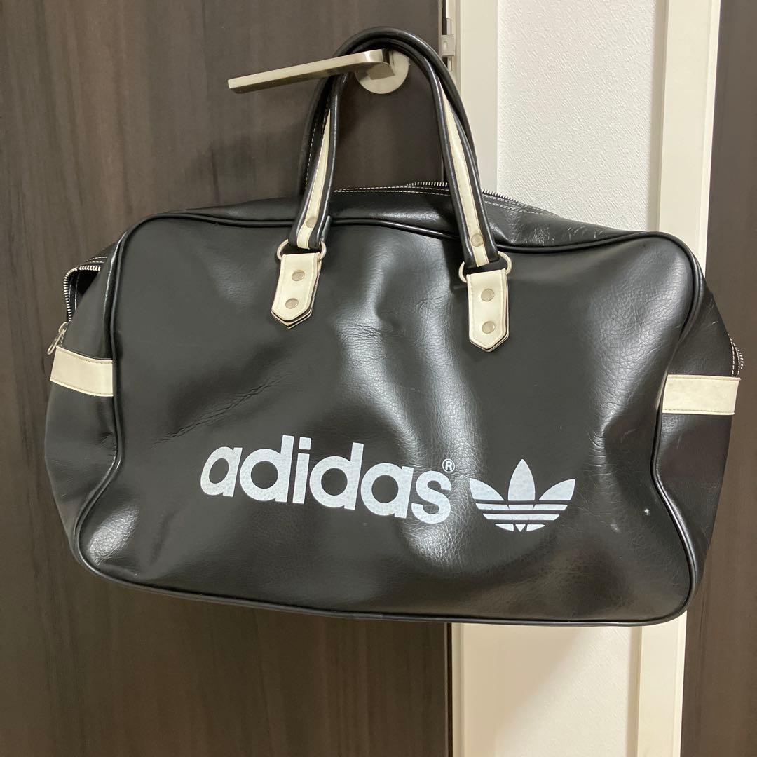 難あり ユーロヴィンテージ フランス製adidas ボストンレザーバッグ 黒/白