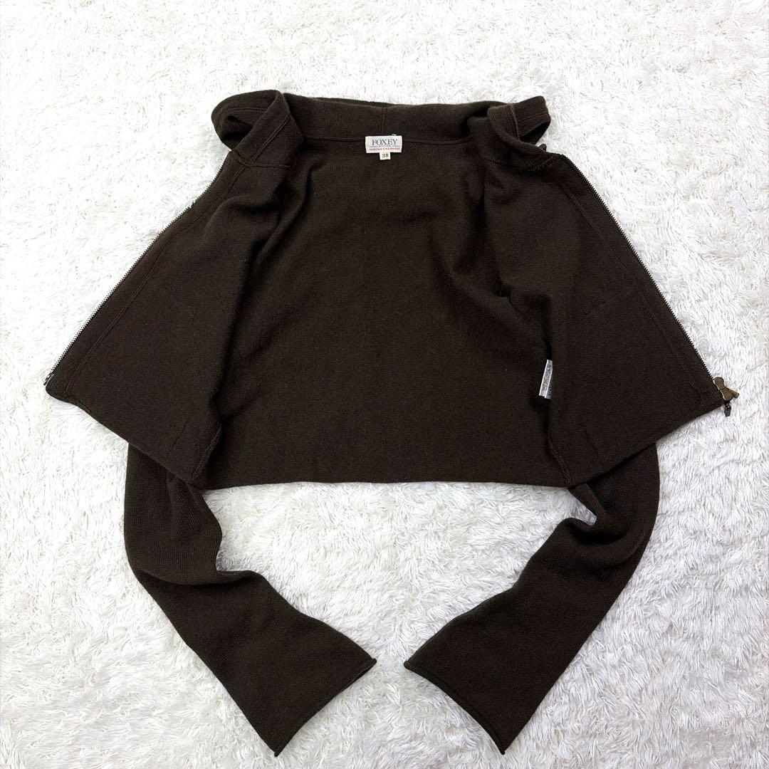 極美品 FOXEY カシミヤ ダブルジップパーカー ショート丈 ニット ブラウン