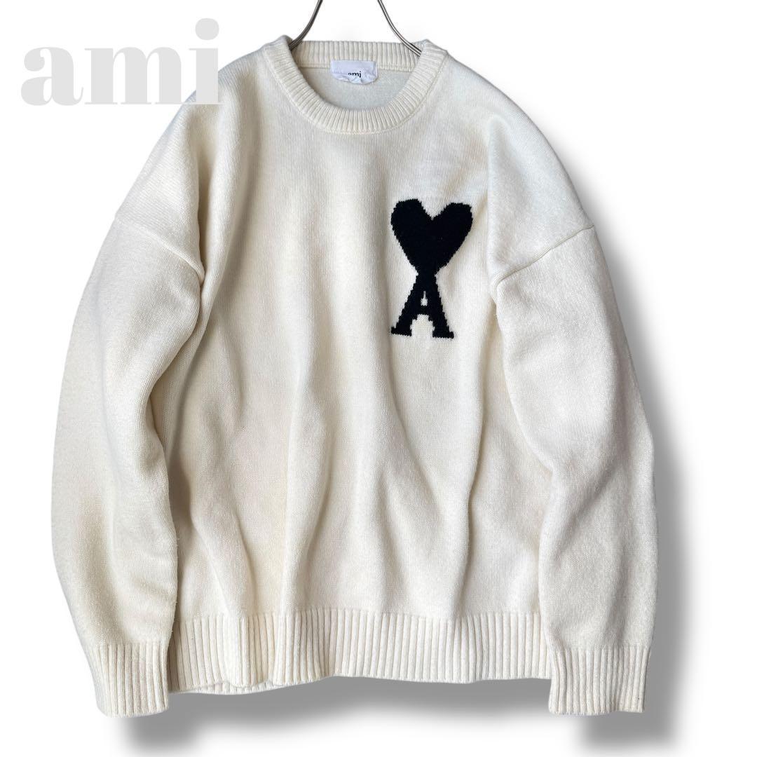 希少✨ami ニット 白 クルーネック ハート刺繍 ロゴ セーター 男女兼用
