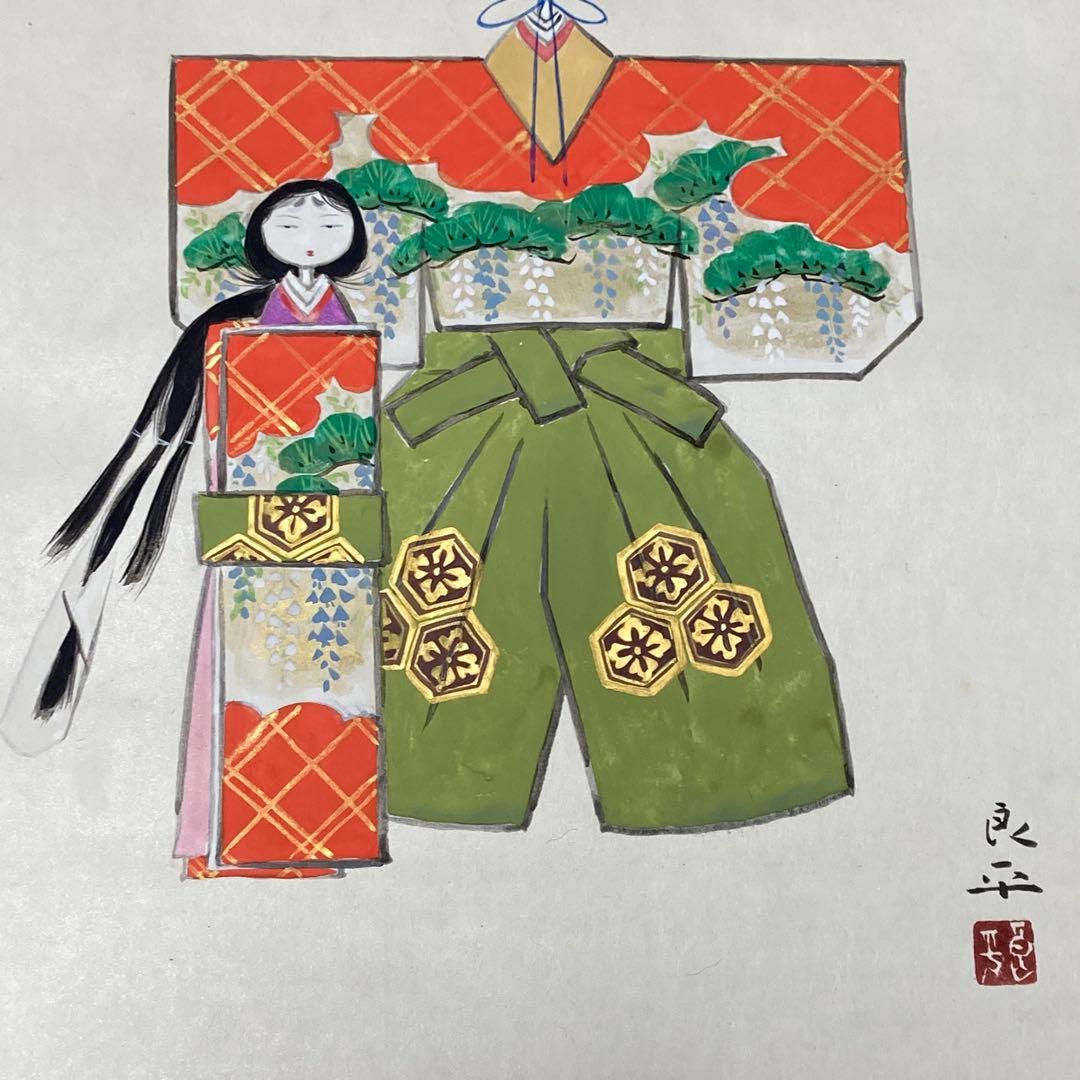 掛軸　三輪良平作　立雛　桃の節句　共箱　落款有　二重箱入