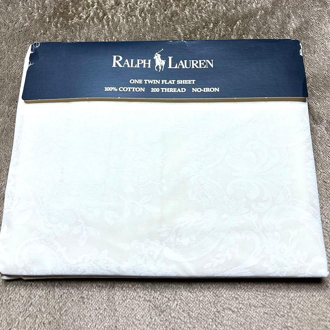 未使用 ラルフローレン フラットシーツ ツイン ベージュ 総柄 USA製