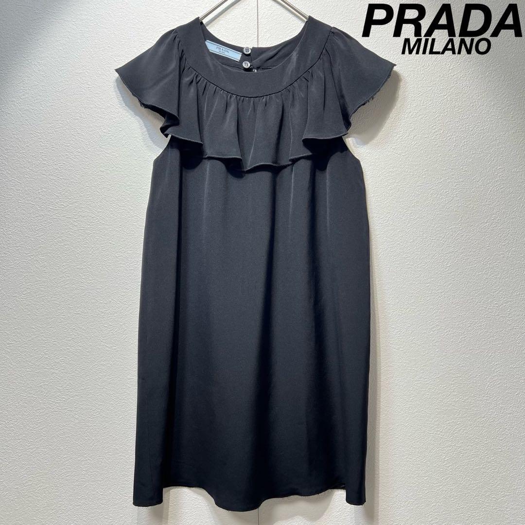 希少 美品 プラダ シルク フリル ノースリーブデザイン チュニック ワンピース