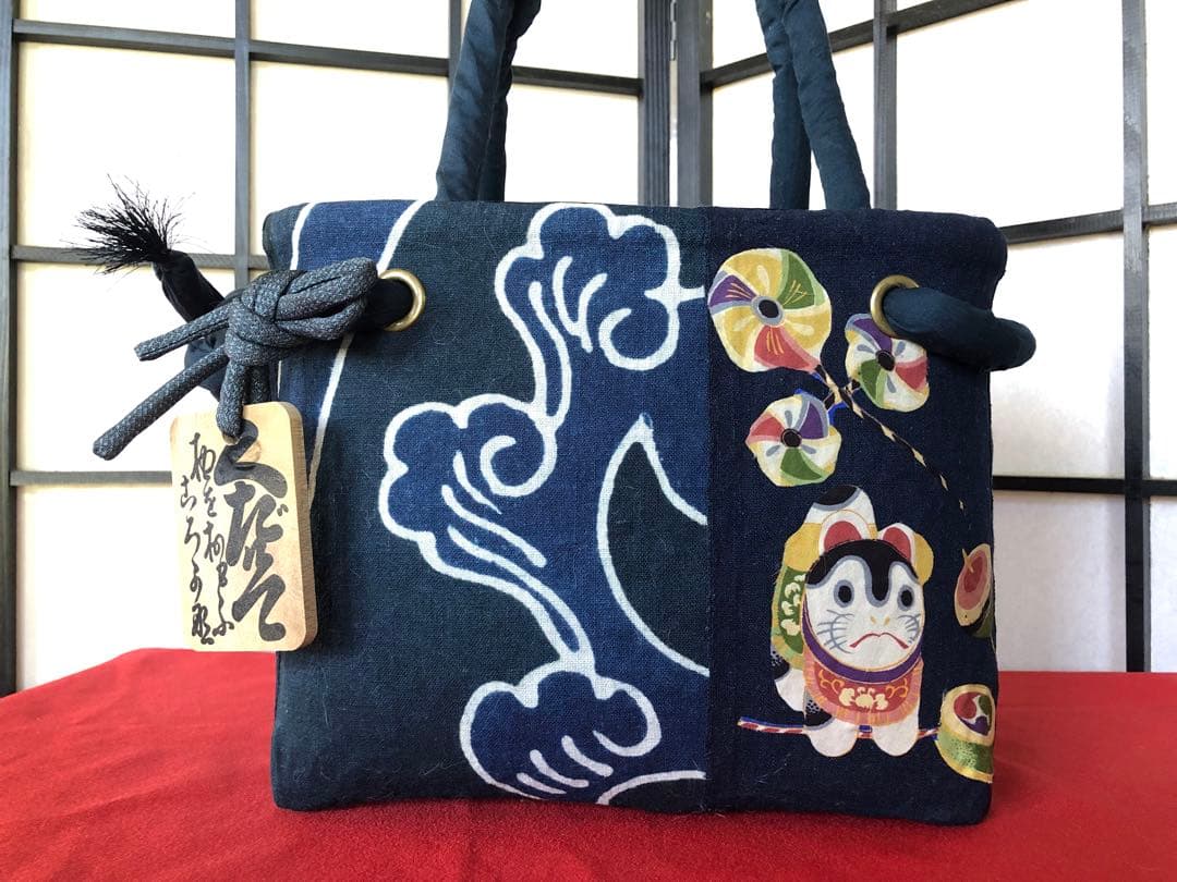 一閑張り　一閑張りバック　　　　藍染 筒がき　正絹古布　犬張子　狛犬