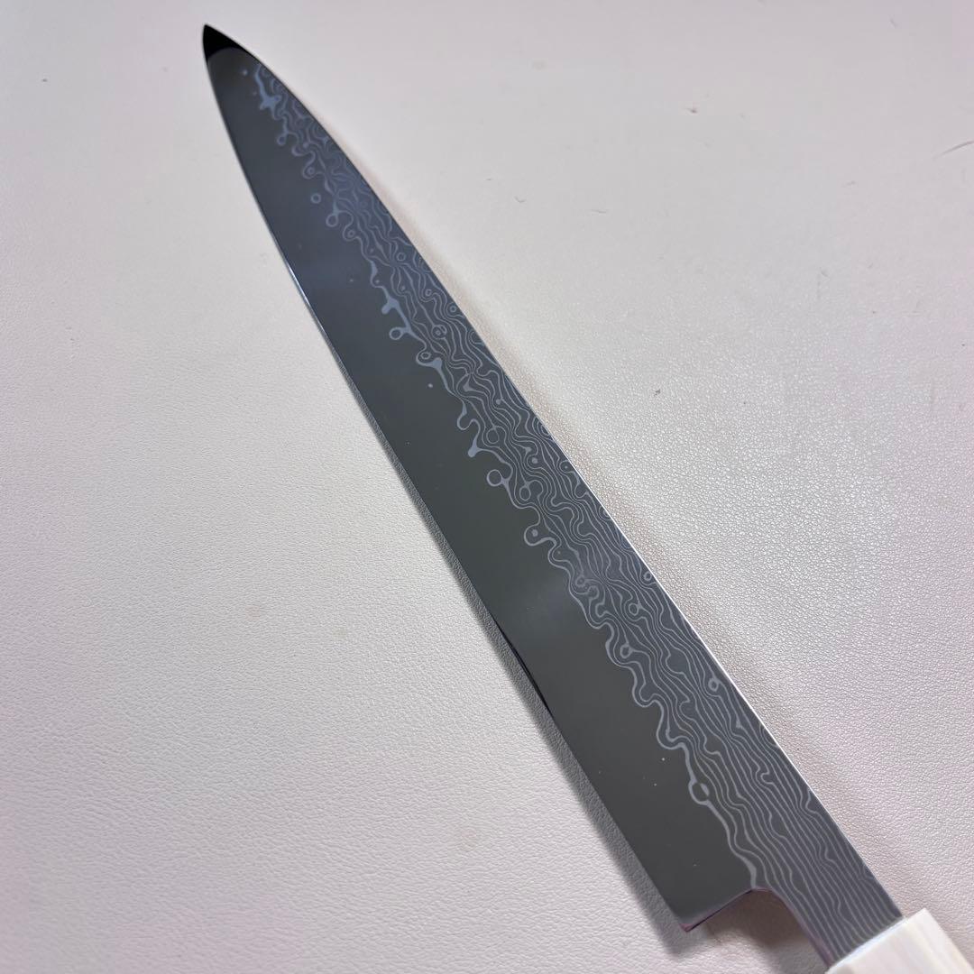 尺300mm 柳刃包丁 墨流しダマスカス　人工象牙八角柄 和包丁 白'ᘲ