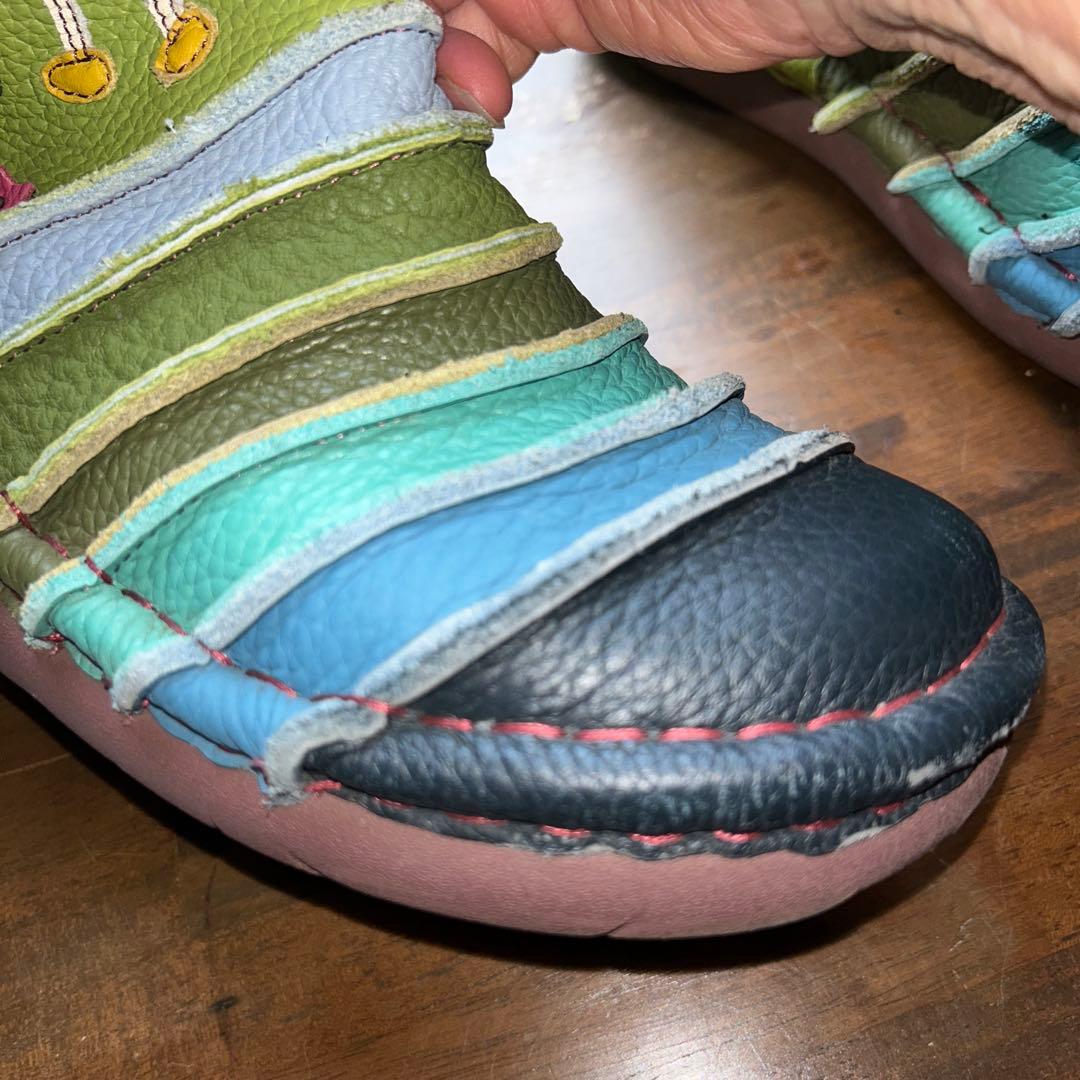 エスタシオンブーツ革のアップリッケ　グリーンとマルチカラー　Ｍ