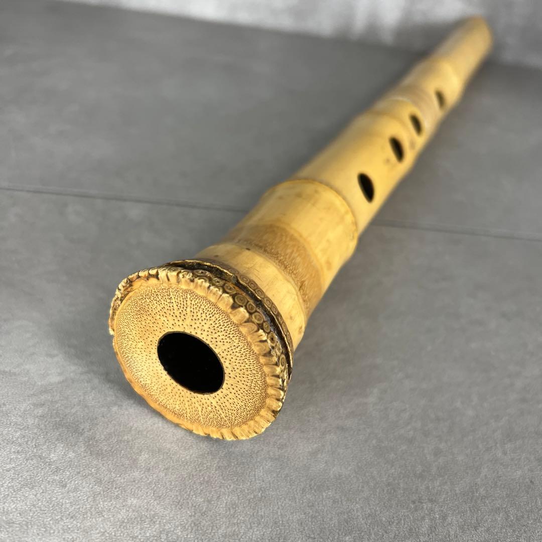 尺八　琴古流　バチ型　銘あり　竹治　1印　1尺4寸　5孔　銀三線　真竹　現状品