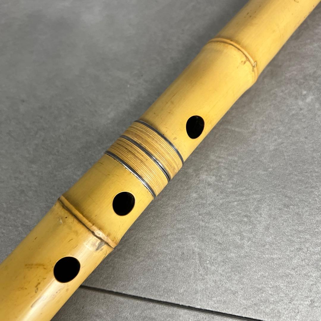 尺八　琴古流　バチ型　銘あり　竹治　1印　1尺4寸　5孔　銀三線　真竹　現状品