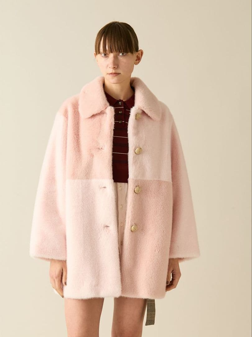 【2/21発送】FURFUR パッチワークエコファーミドルコート ピンク