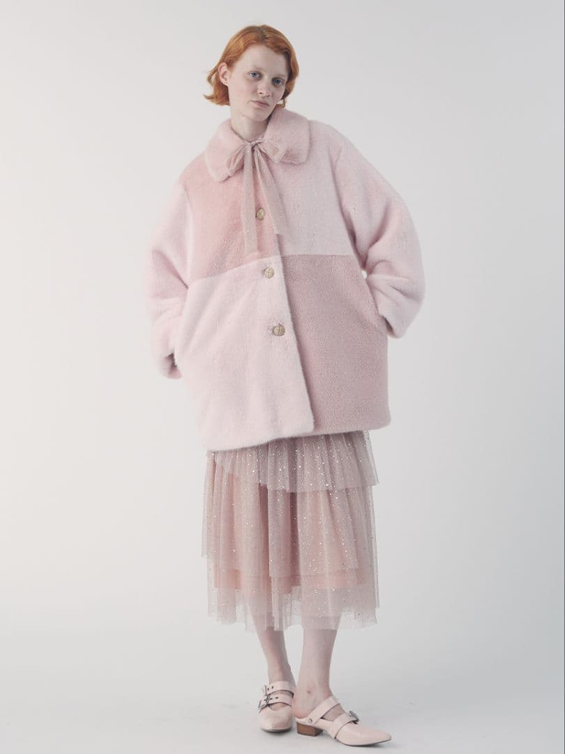 【2/21発送】FURFUR パッチワークエコファーミドルコート ピンク