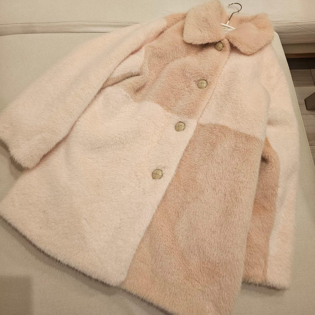 【2/21発送】FURFUR パッチワークエコファーミドルコート ピンク