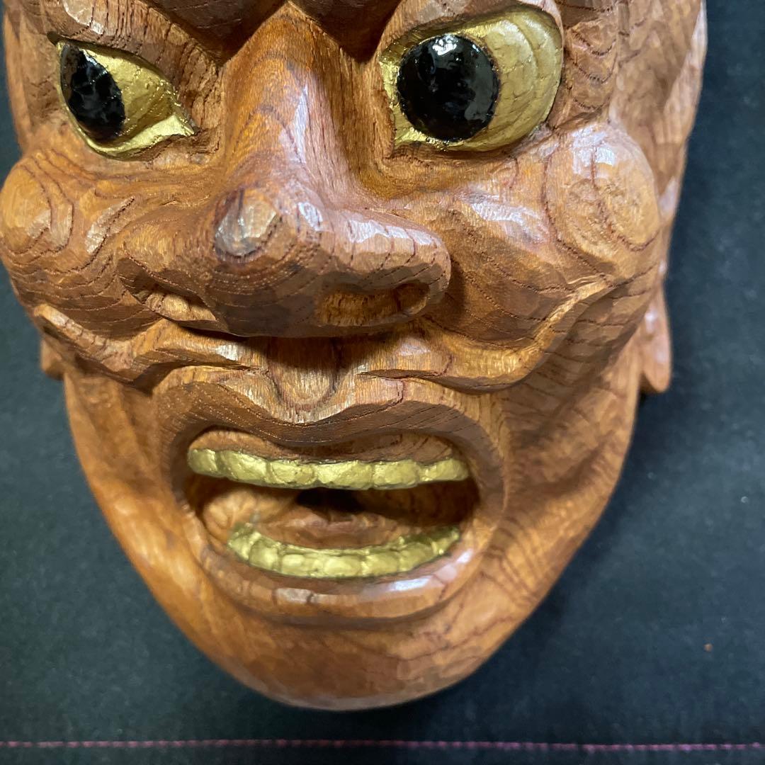 木彫り手彫り　肥松　風神雷神　怒り面