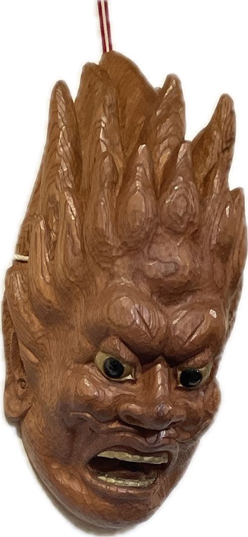 木彫り手彫り　肥松　風神雷神　怒り面