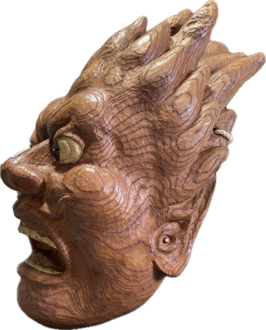 木彫り手彫り　肥松　風神雷神　怒り面