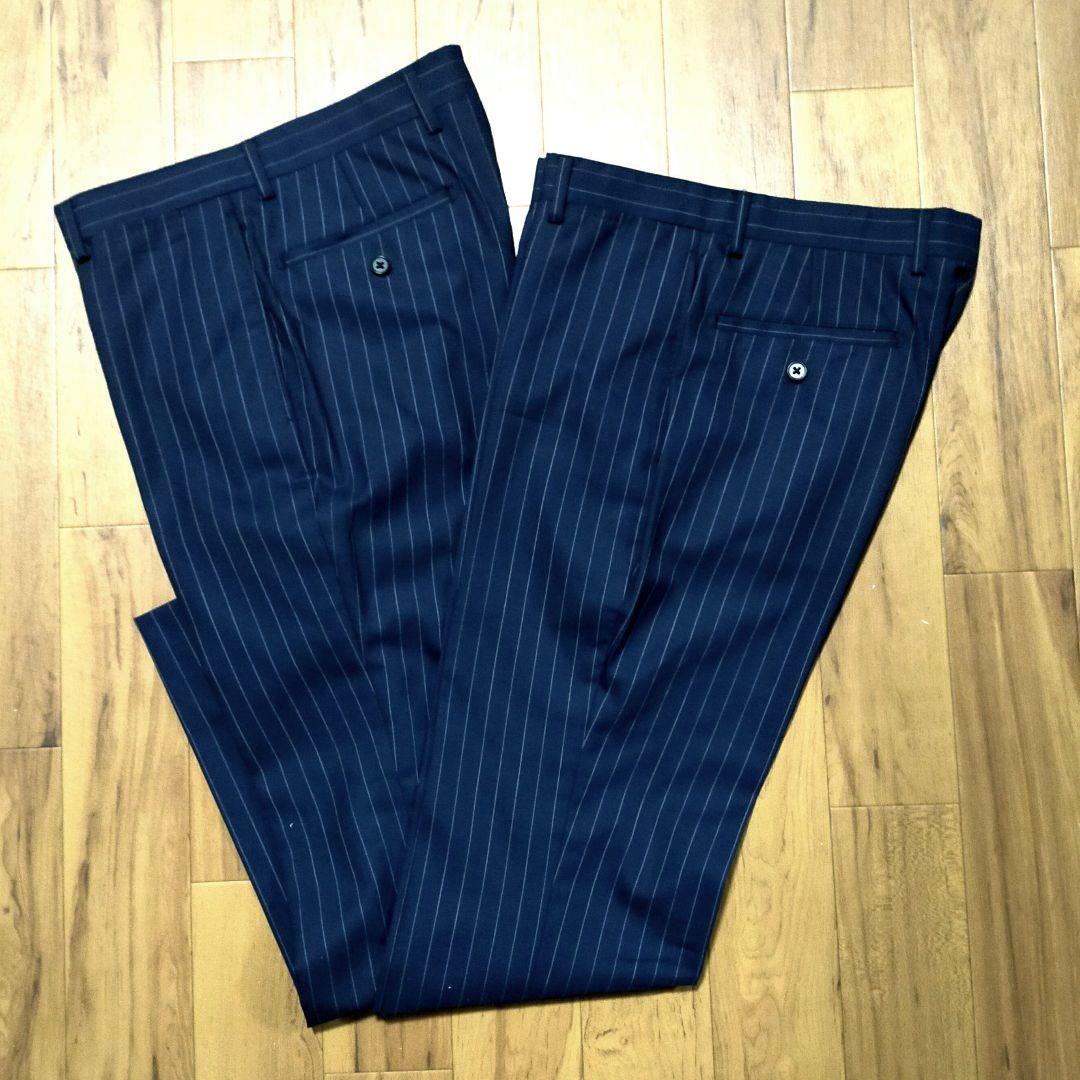 冬物美品3点セット細身ネイビー ピンストライプ スーツジャケット+スラックス2本