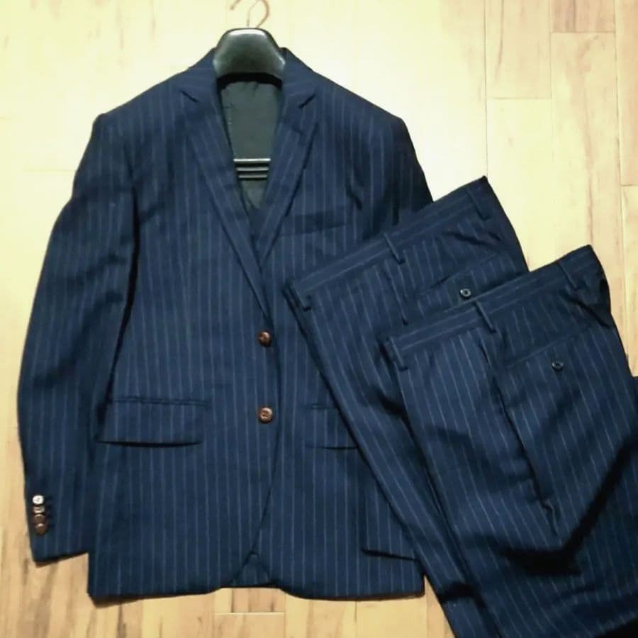 冬物美品3点セット細身ネイビー ピンストライプ スーツジャケット+スラックス2本