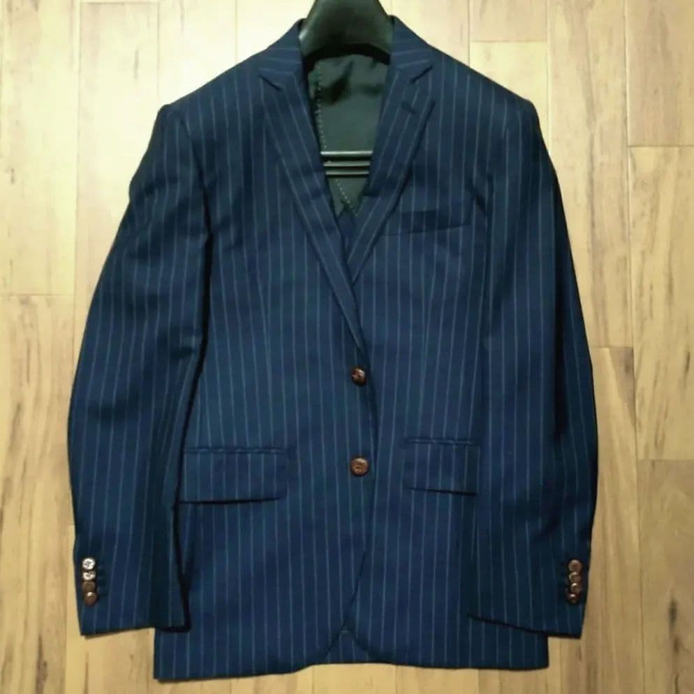 冬物美品3点セット細身ネイビー ピンストライプ スーツジャケット+スラックス2本