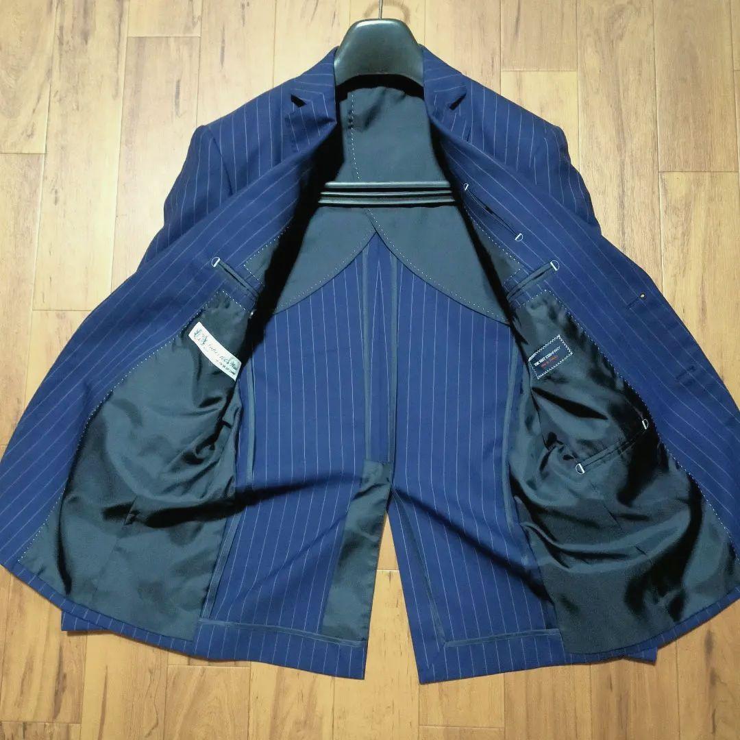 冬物美品3点セット細身ネイビー ピンストライプ スーツジャケット+スラックス2本