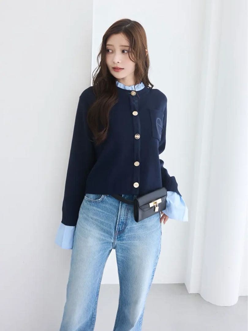 新品 Attached collar ニットカーディガン EIMY ネイビー