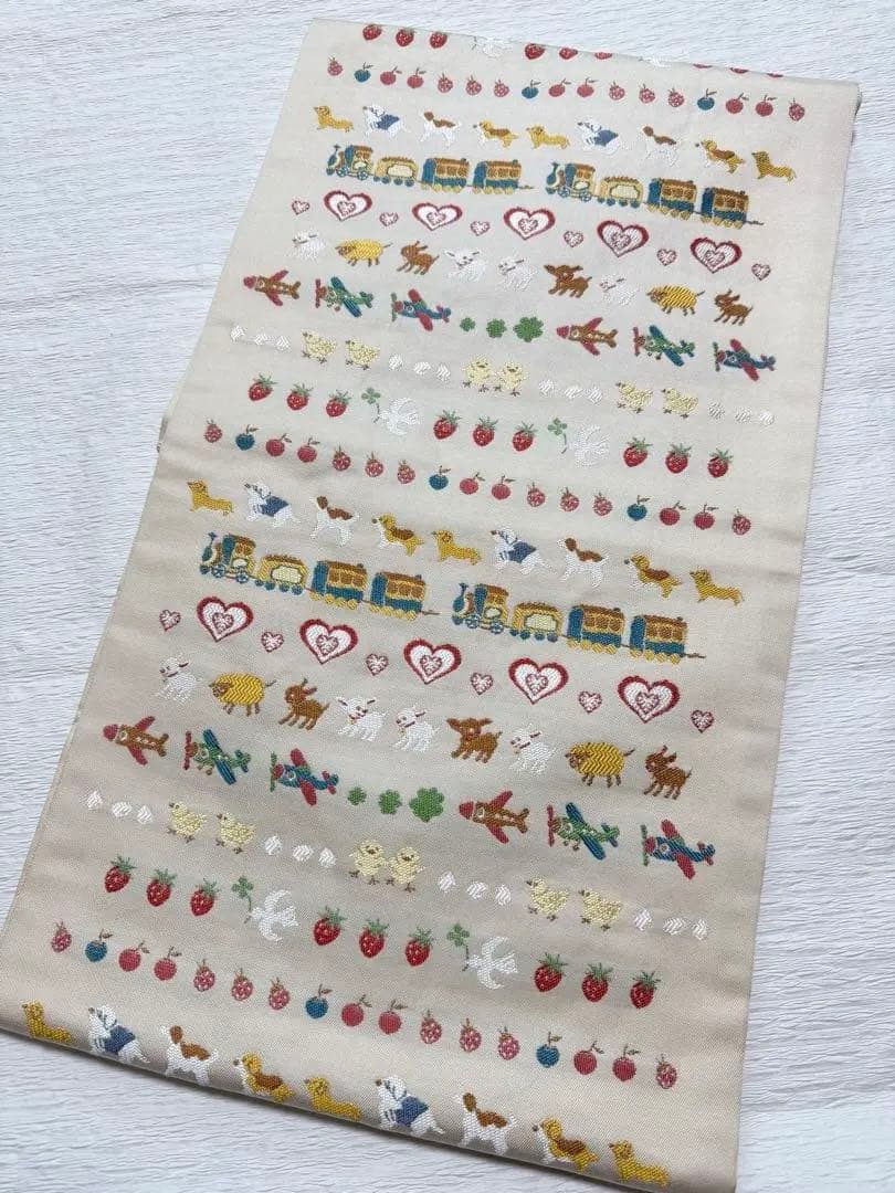 m-48 汽車 乗り物 動物 犬 ハート 苺 名古屋帯 正絹