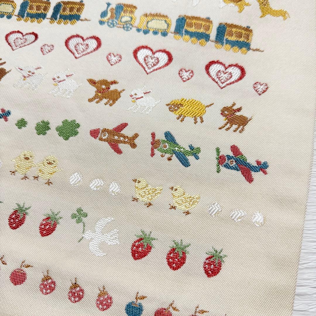 m-48 汽車 乗り物 動物 犬 ハート 苺 名古屋帯 正絹