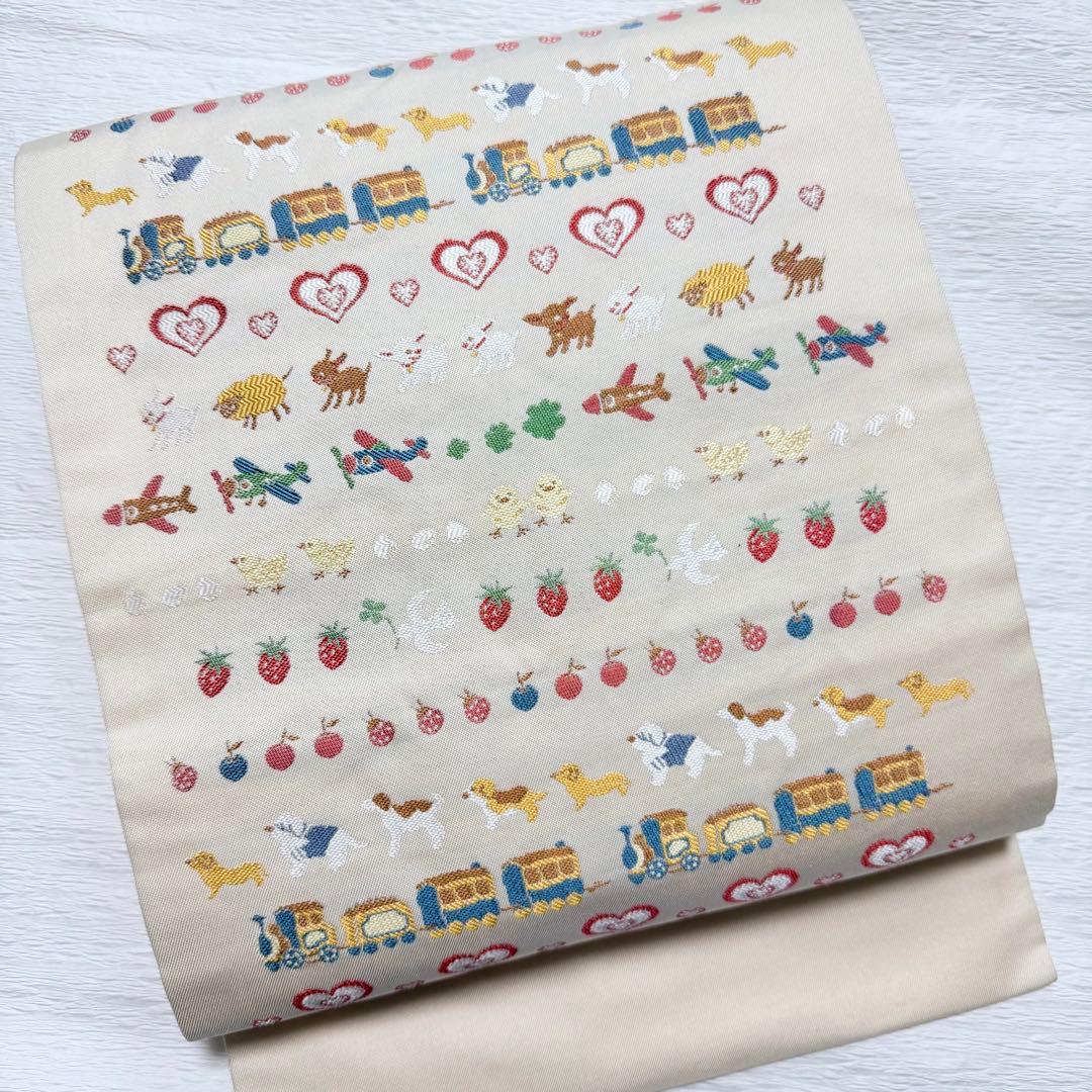 m-48 汽車 乗り物 動物 犬 ハート 苺 名古屋帯 正絹