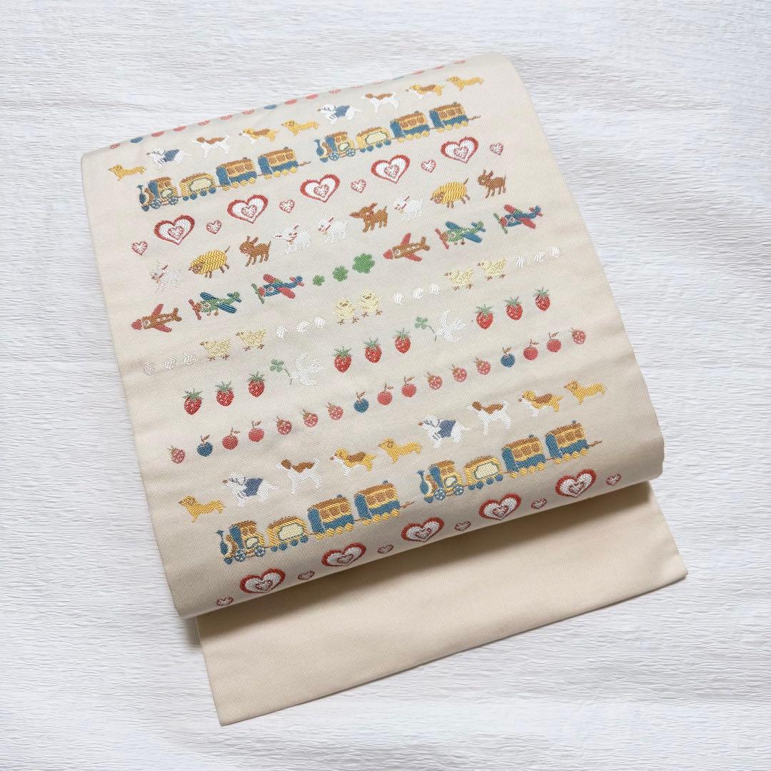 m-48 汽車 乗り物 動物 犬 ハート 苺 名古屋帯 正絹