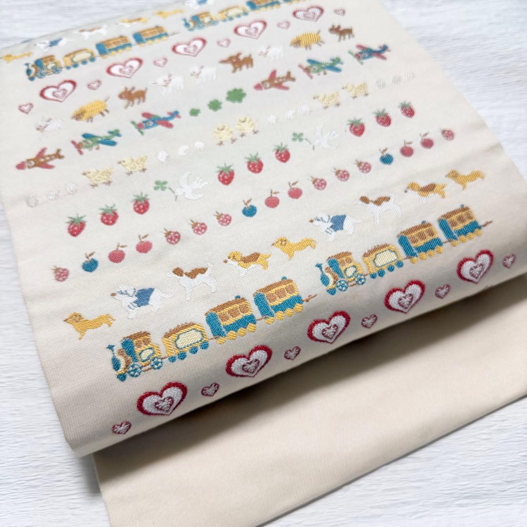 m-48 汽車 乗り物 動物 犬 ハート 苺 名古屋帯 正絹