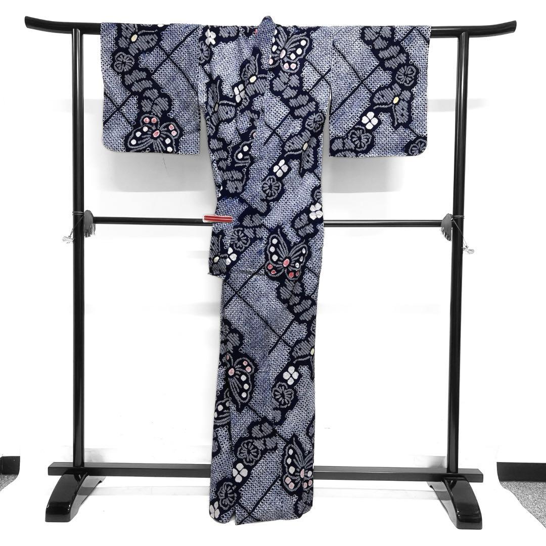 浴衣　有松鳴海絞り　蝶　菱　花模様　ネイビー　着物　034a d