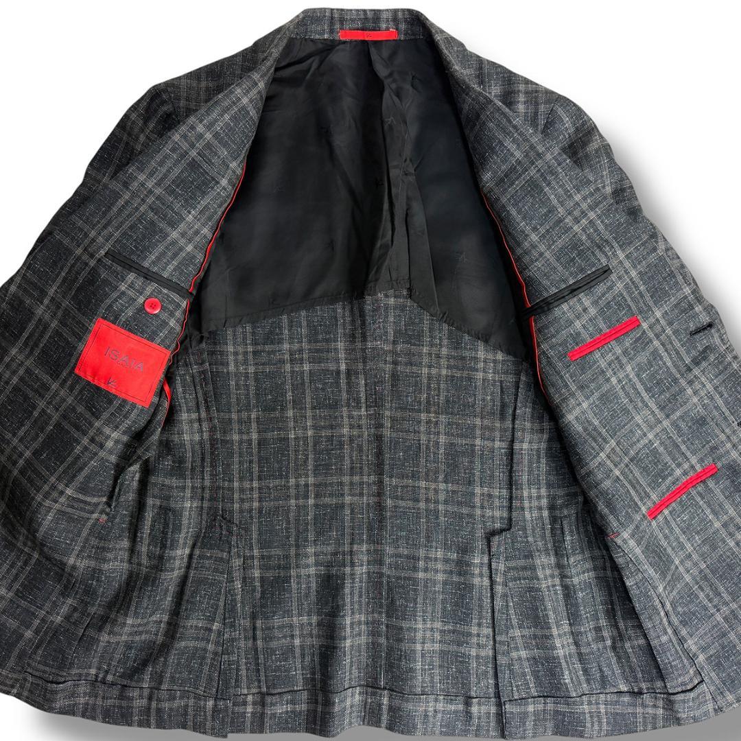J7437 美品 イザイア CAPRIチェック柄リネンジャケット 濃灰 46