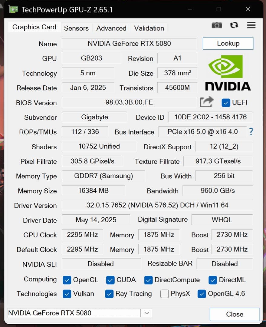 グラフィックボード・グラボ・ビデオカード GIGABYTE RTX 5080 GAMING OC 16G