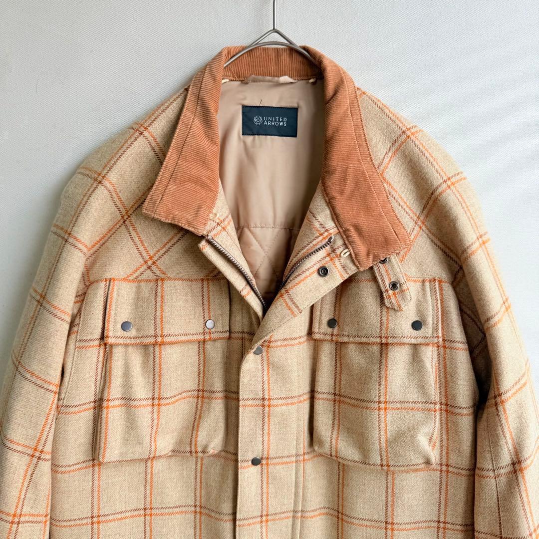美品　ユナイテッドアローズ　ハンタージャケット　チェック　ウール　襟コーデュロイ