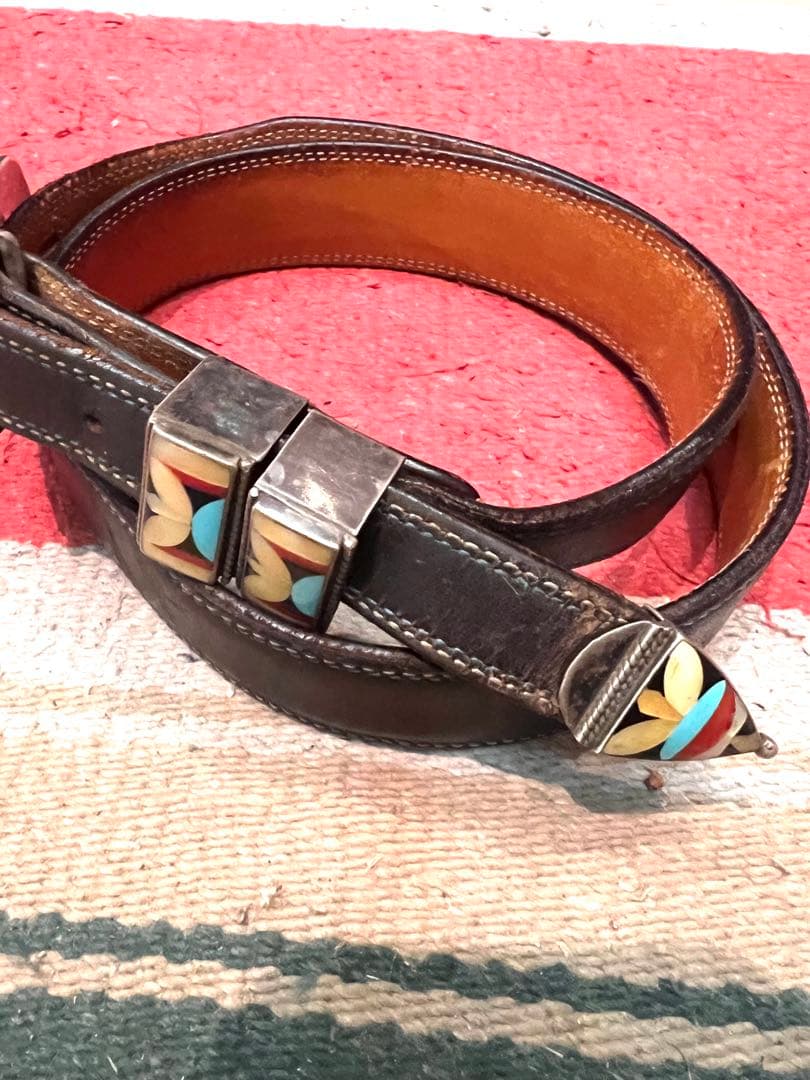 インディアンジュエリー　シルバー925製　ターコイズ、シェル　インレイバックル