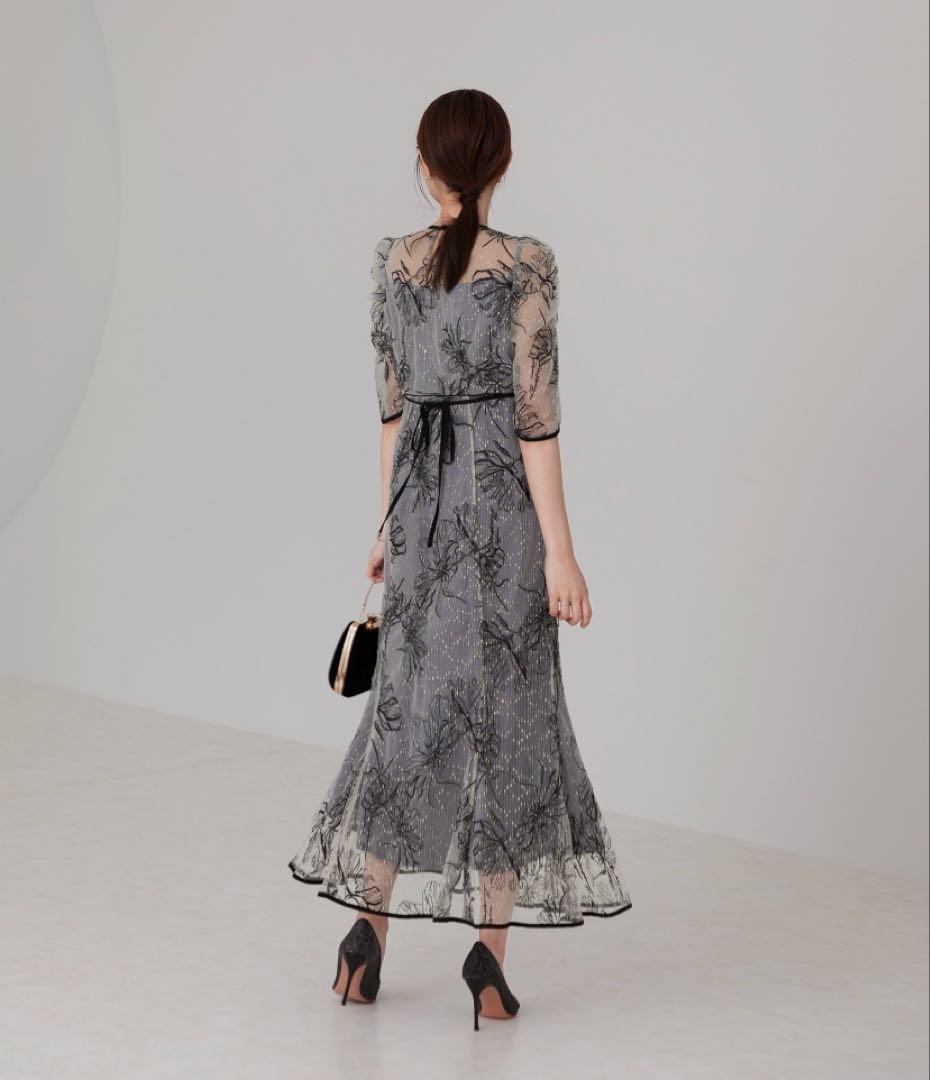 Leja 花柄刺繍レースパフスリーブマーメイドフレアロングワンピースドレス