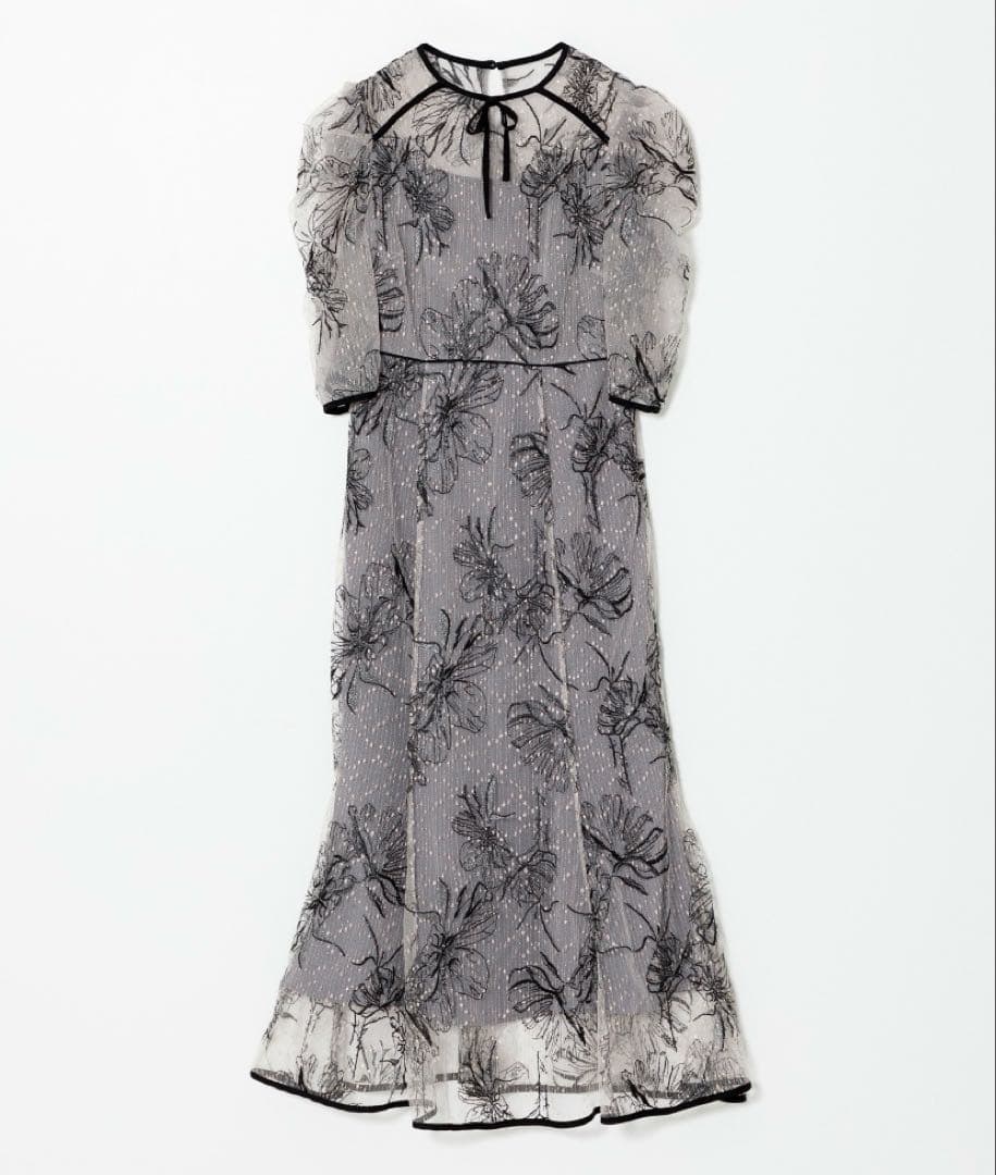 Leja 花柄刺繍レースパフスリーブマーメイドフレアロングワンピースドレス