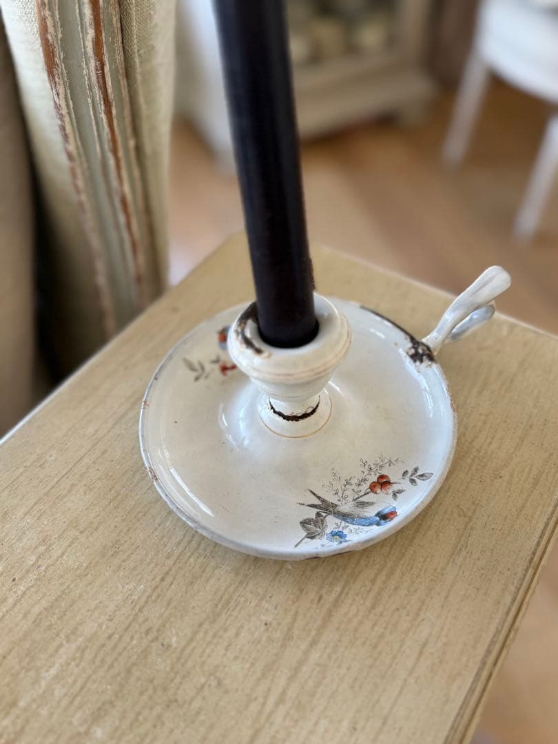 激レアフランスアンティーク花とツバメのハンドペイントのホーローキャンドルホルダー