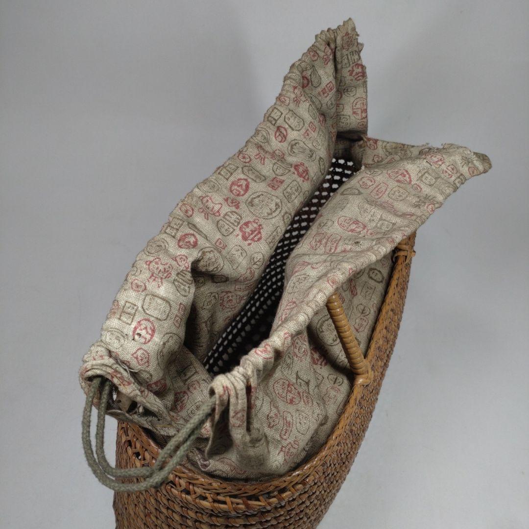 古い 籐編み 手提げ 籠／かご 古布 籐 バッグ