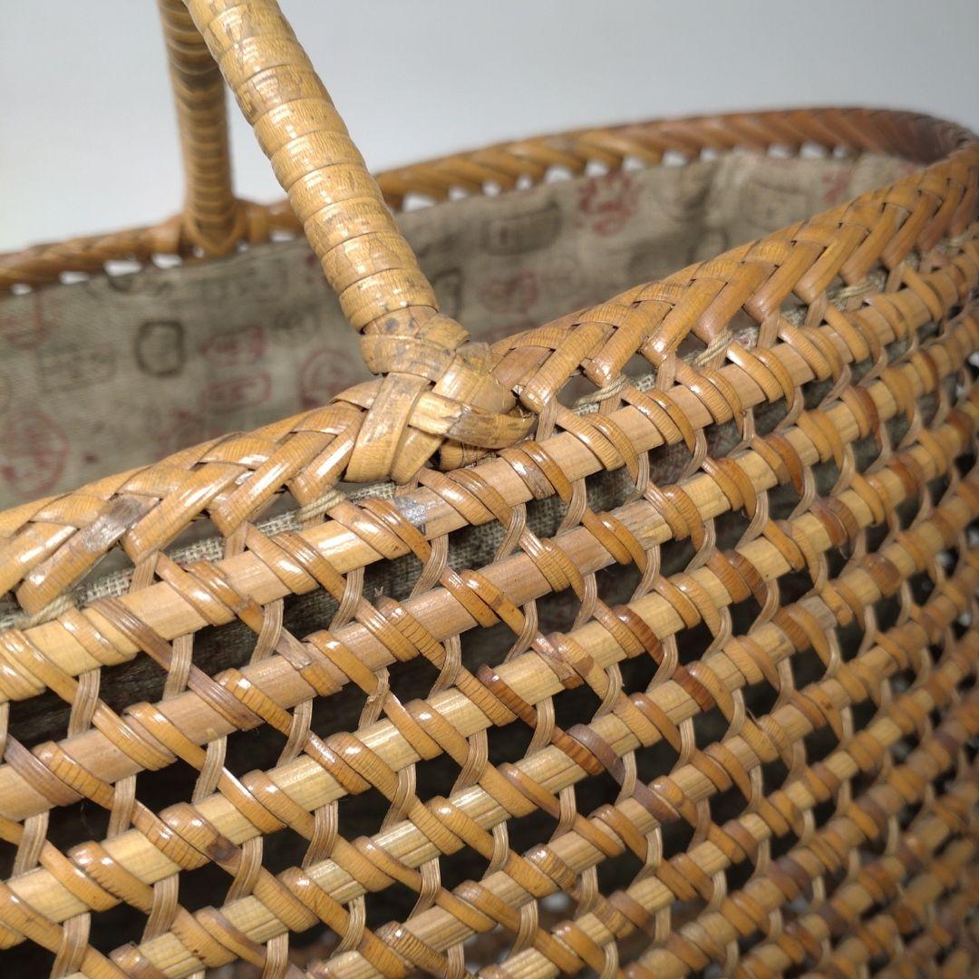 古い 籐編み 手提げ 籠／かご 古布 籐 バッグ
