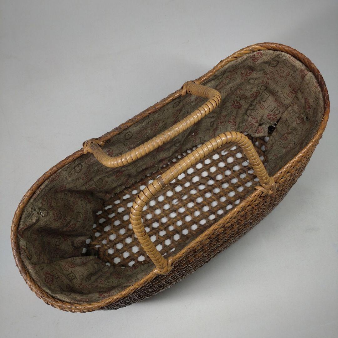 古い 籐編み 手提げ 籠／かご 古布 籐 バッグ