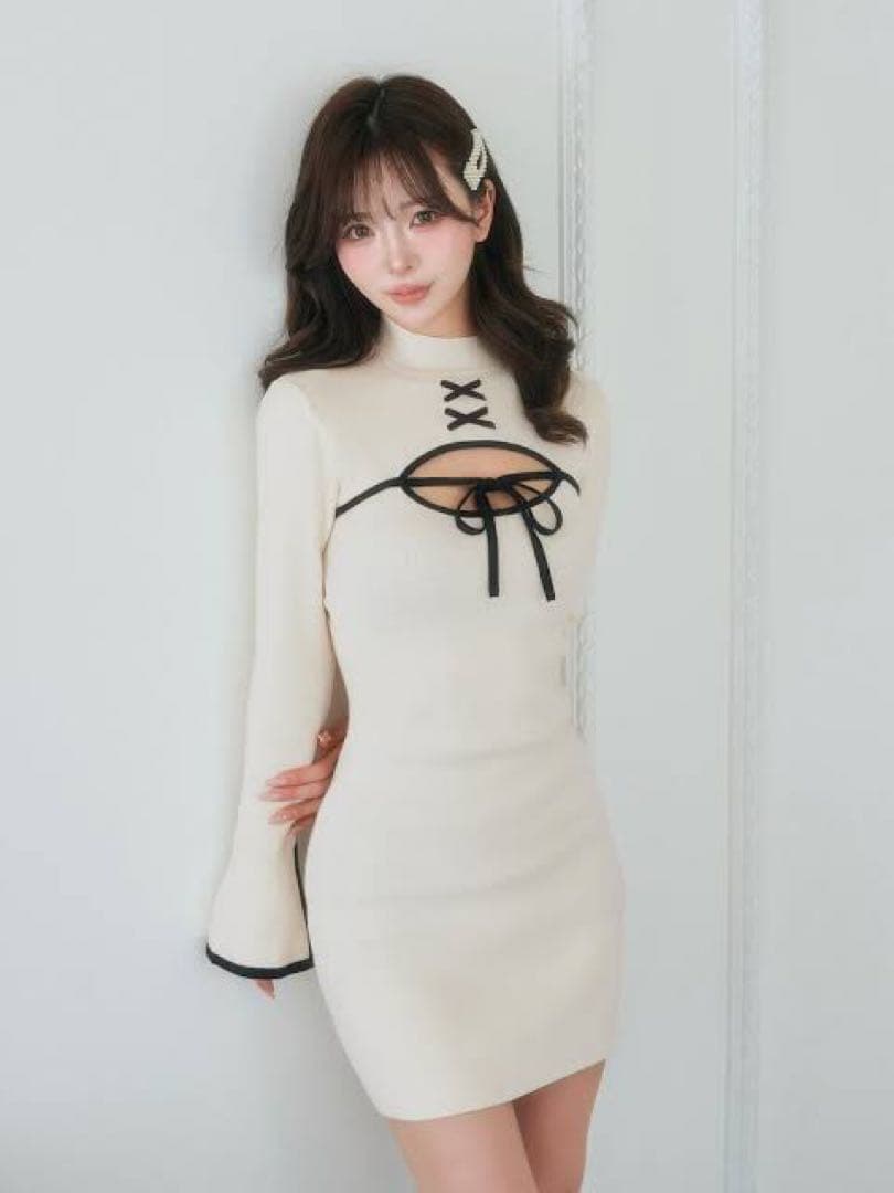 ダーリッチ フロントオープンリボンニットミニワンピース アイボリー FREE