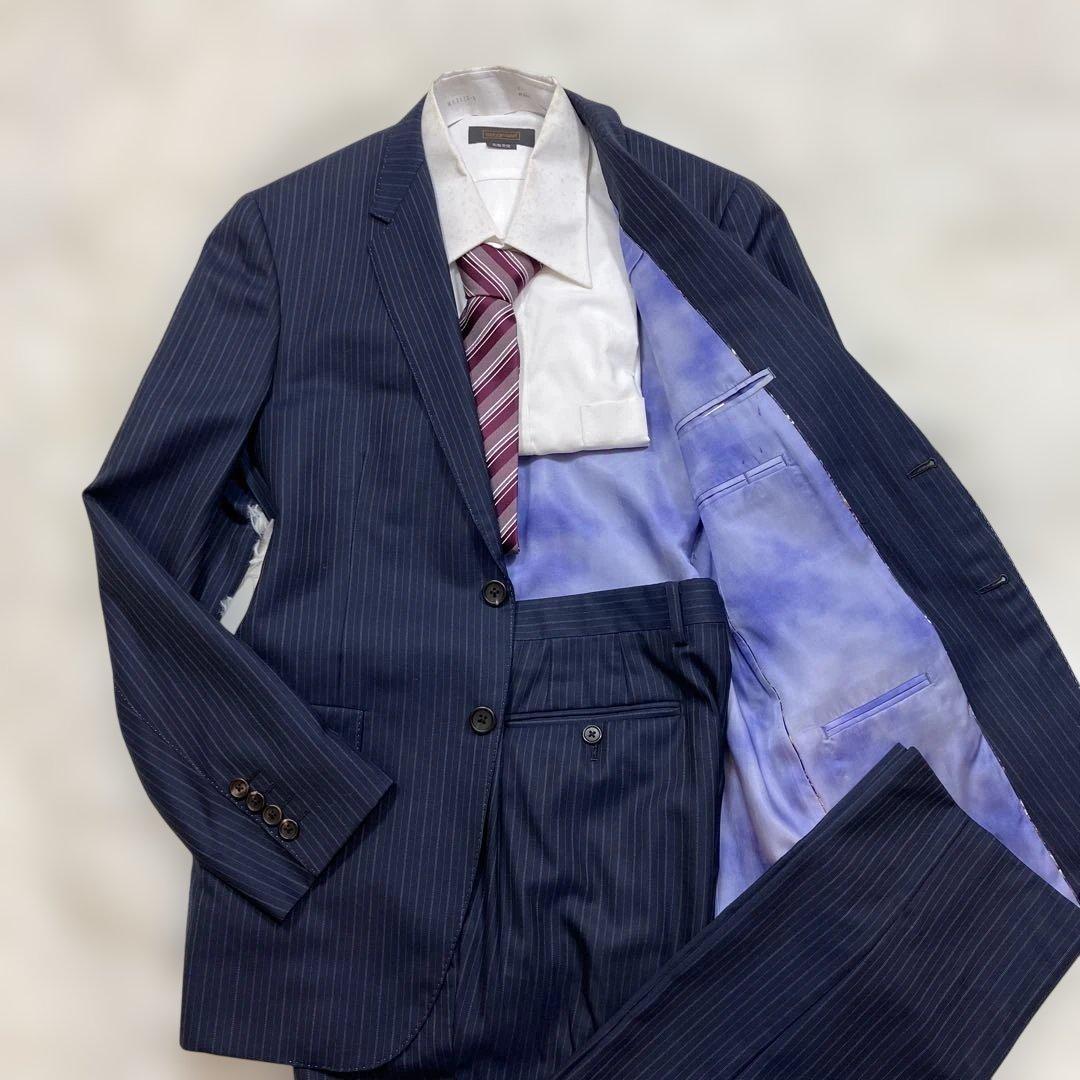 極美品 ポールスミスコレクション スーツセットアップ 裏地総柄シルク混 紺 L