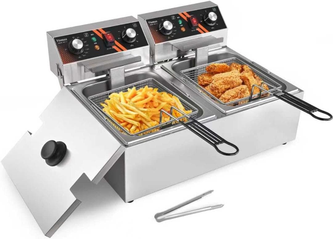 電気フライヤー 業務用 2槽式 20L 1500w×2 バスケット2個付き