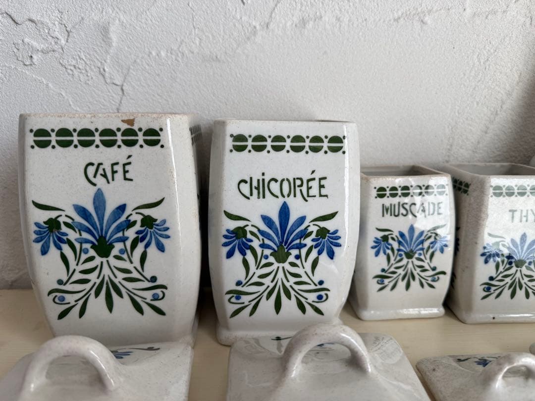 フランスアンティーク　陶器の花柄キャニスター6点セット