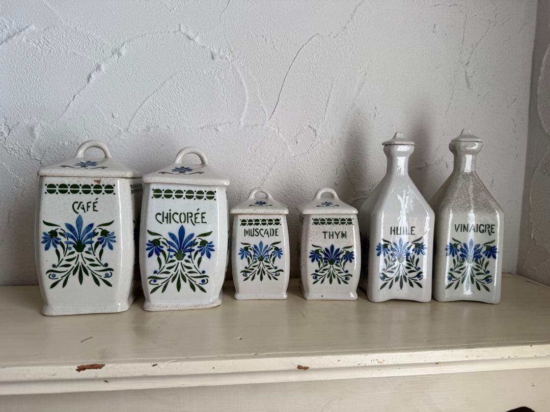 フランスアンティーク　陶器の花柄キャニスター6点セット