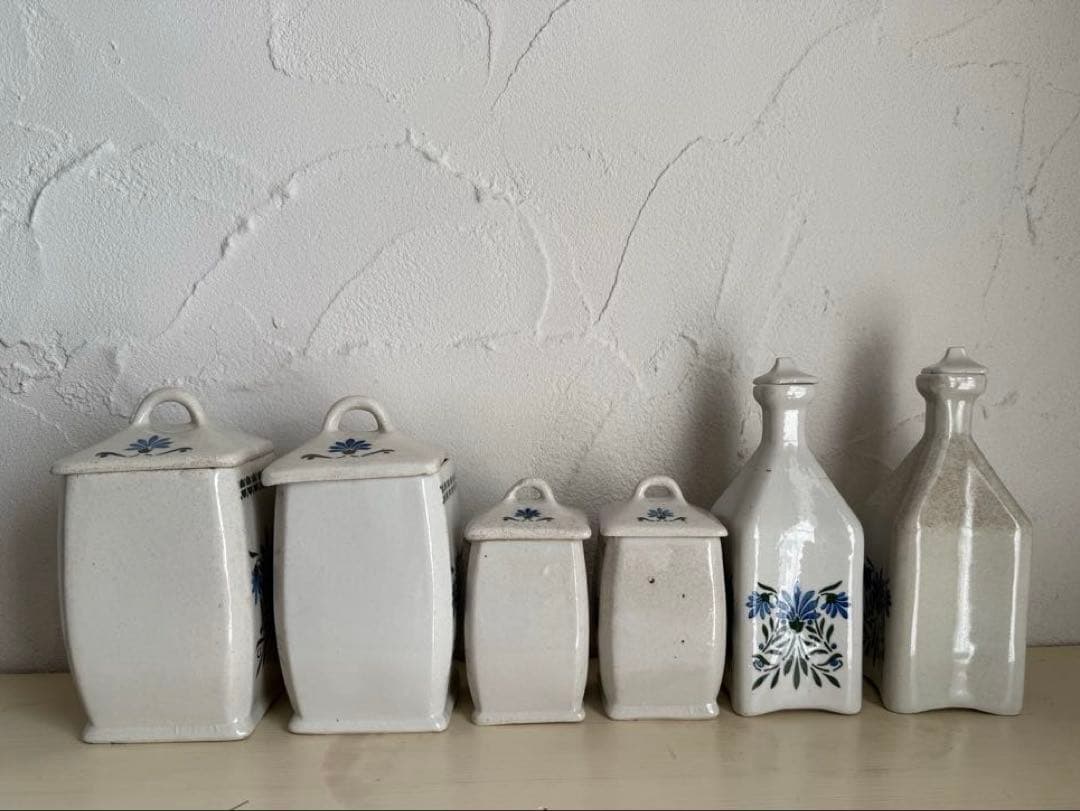 フランスアンティーク　陶器の花柄キャニスター6点セット