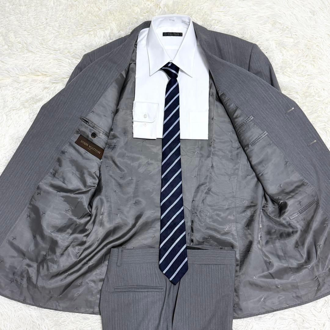 【美品】ルイヴィトン セットアップ スーツ LVロゴ ストライプ グレー 54