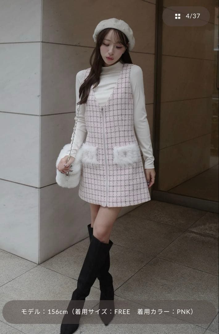 未使用タグ付きダーリッチフロントファスナーツイードミニワンピース　ピンク　フリー